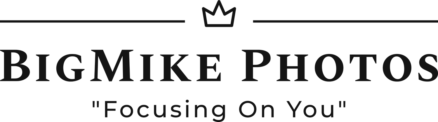 A web header logo for BigMike Photos with white text on black background featuring a crown icon and tagline.