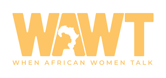 Orange text logo reading WAWT for When African Women Talk with a map of Africa incorporated into the design.