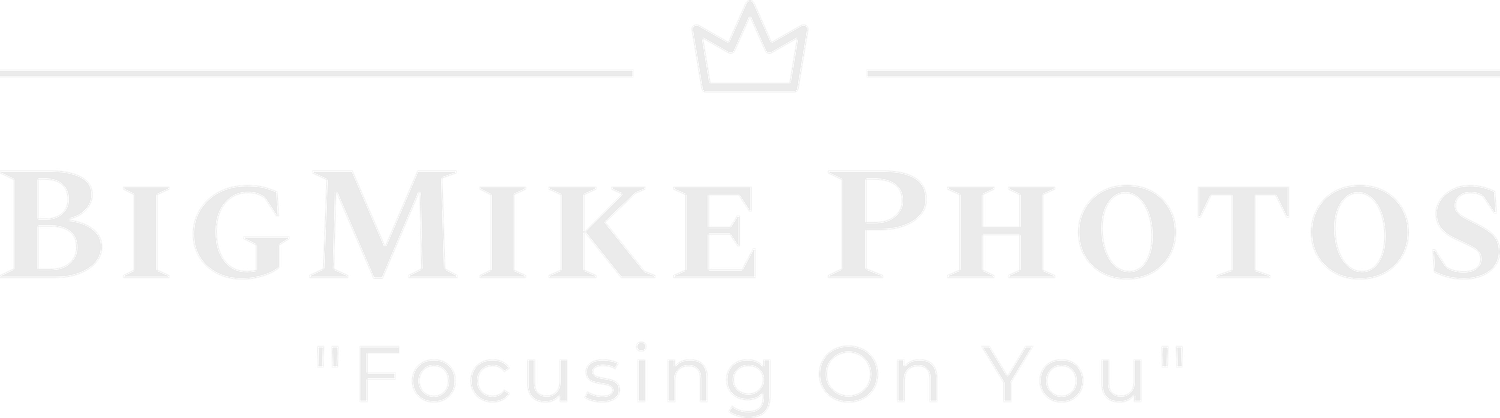 Modern white logo design for BigMike Photos with a crown icon and Focusing On You tagline.
