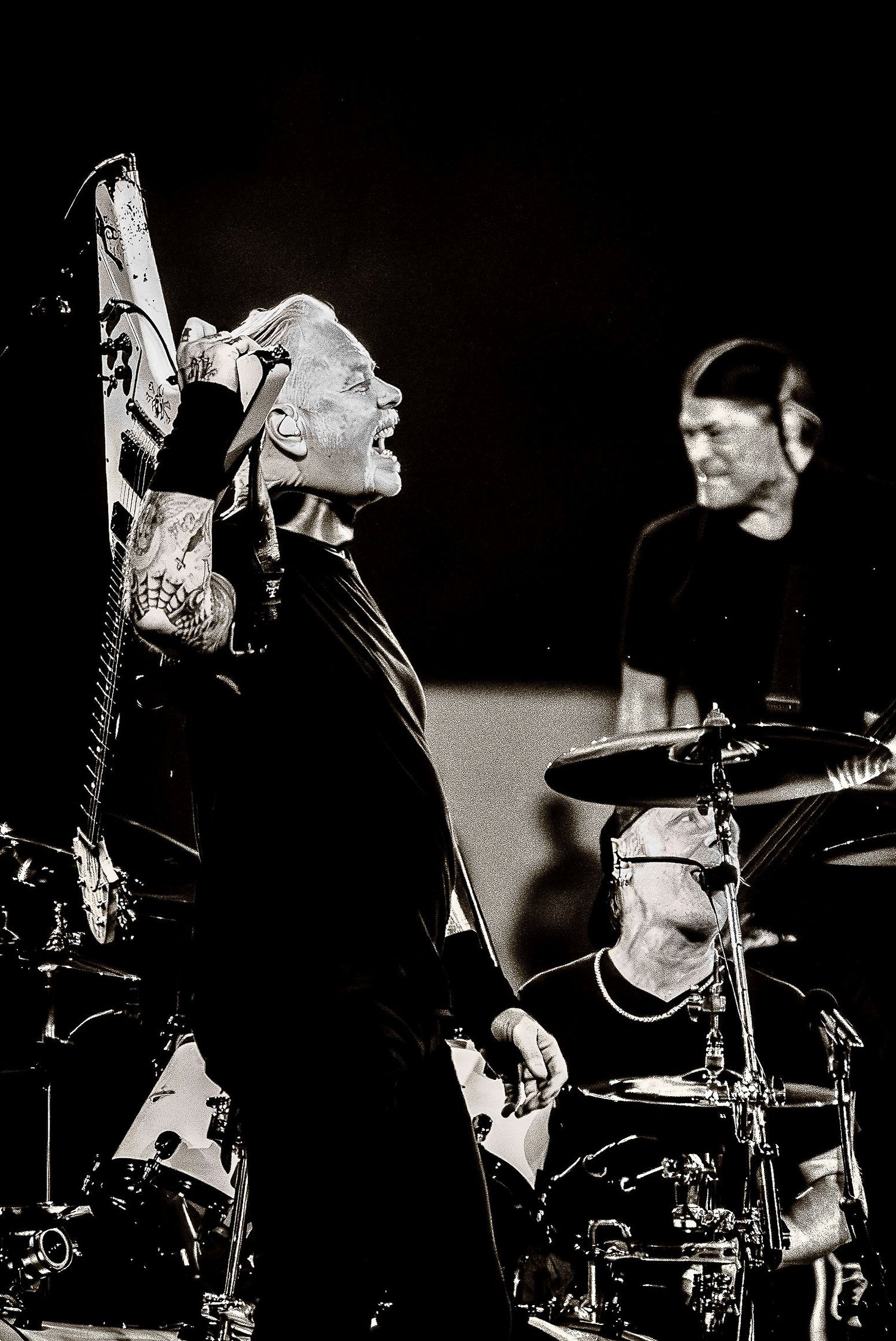 Jmes Hetfield Robert Trujillo and Lars Ulrich on the 72 Seasons World Tour at The Principality Stadium Cardiff 2026