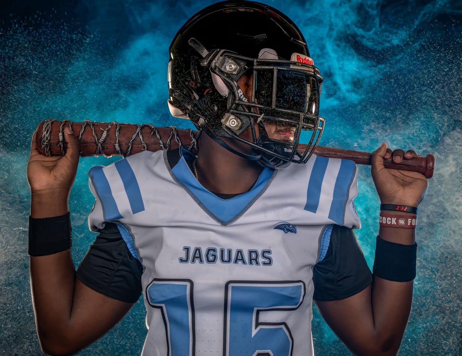 High school football media day portrait of a Jaguars player