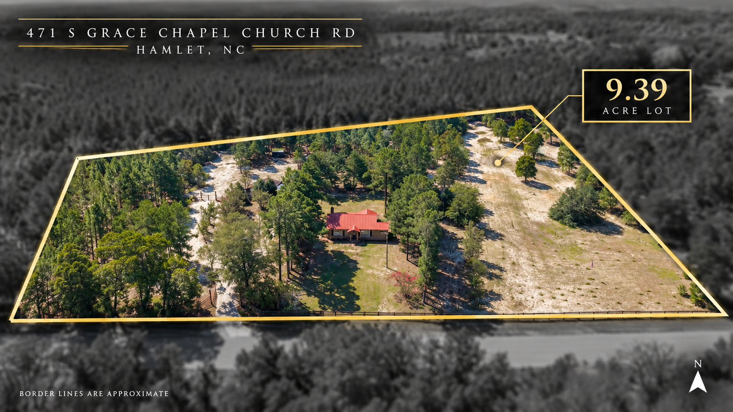 Aerial real estate photograph showing approximate acreage boundaries