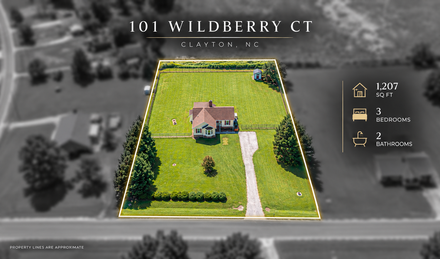 Aerial real estate photograph showing approximate property boundaries