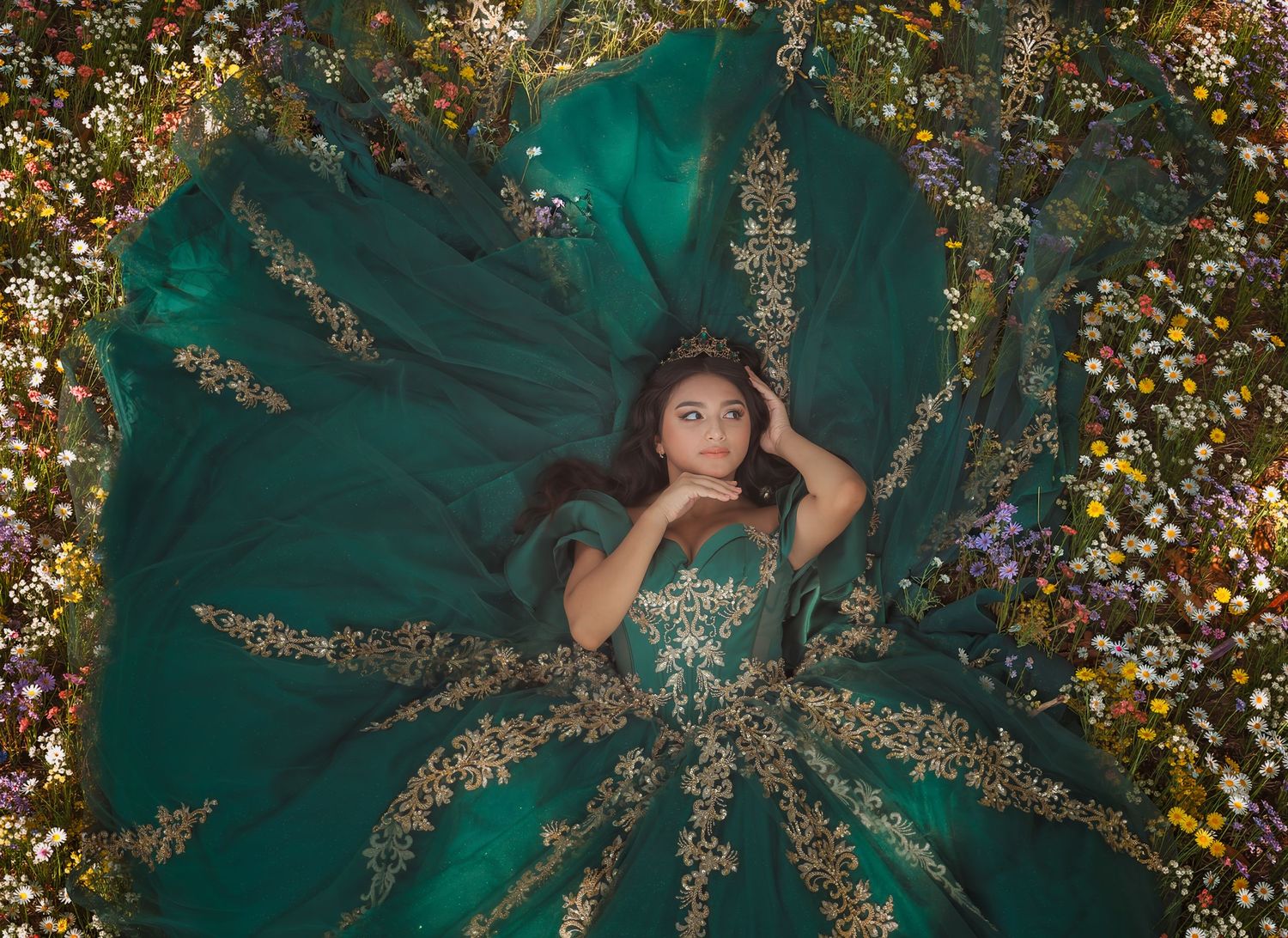 Overhead creative portrait featuring an emerald green formal gown