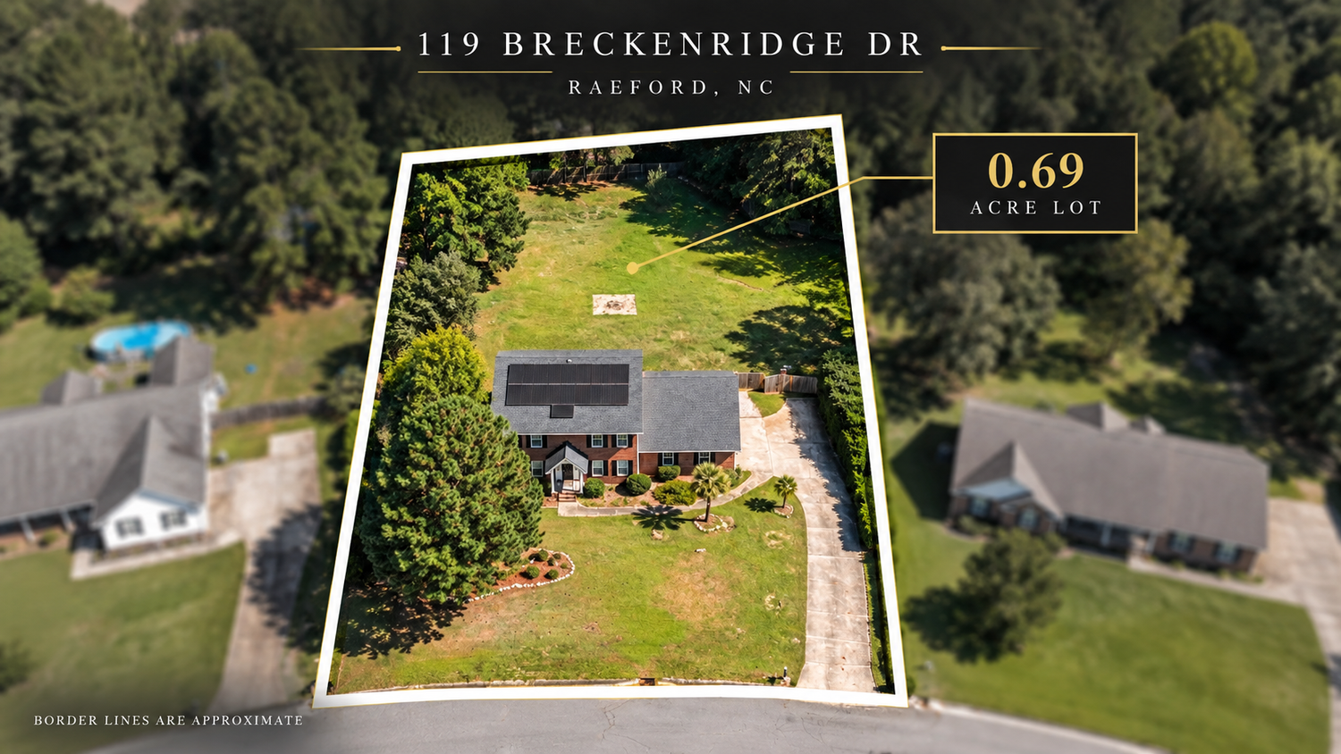 Aerial real estate photograph showing approximate property boundaries