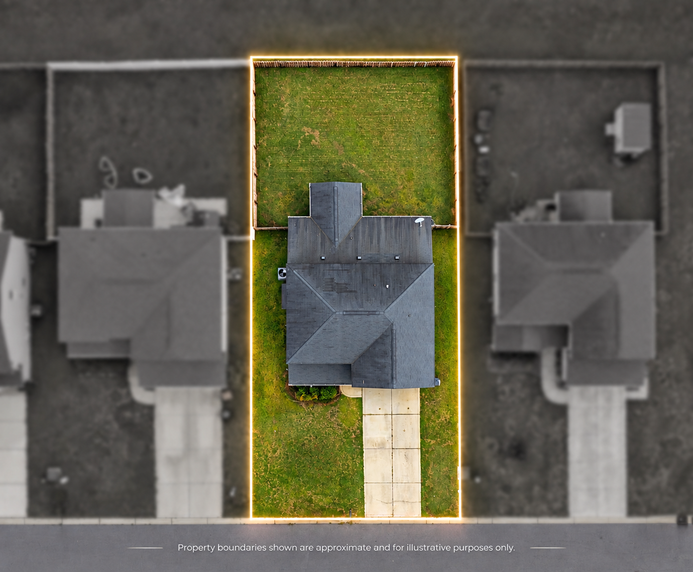 Aerial property photograph with approximate lot boundaries