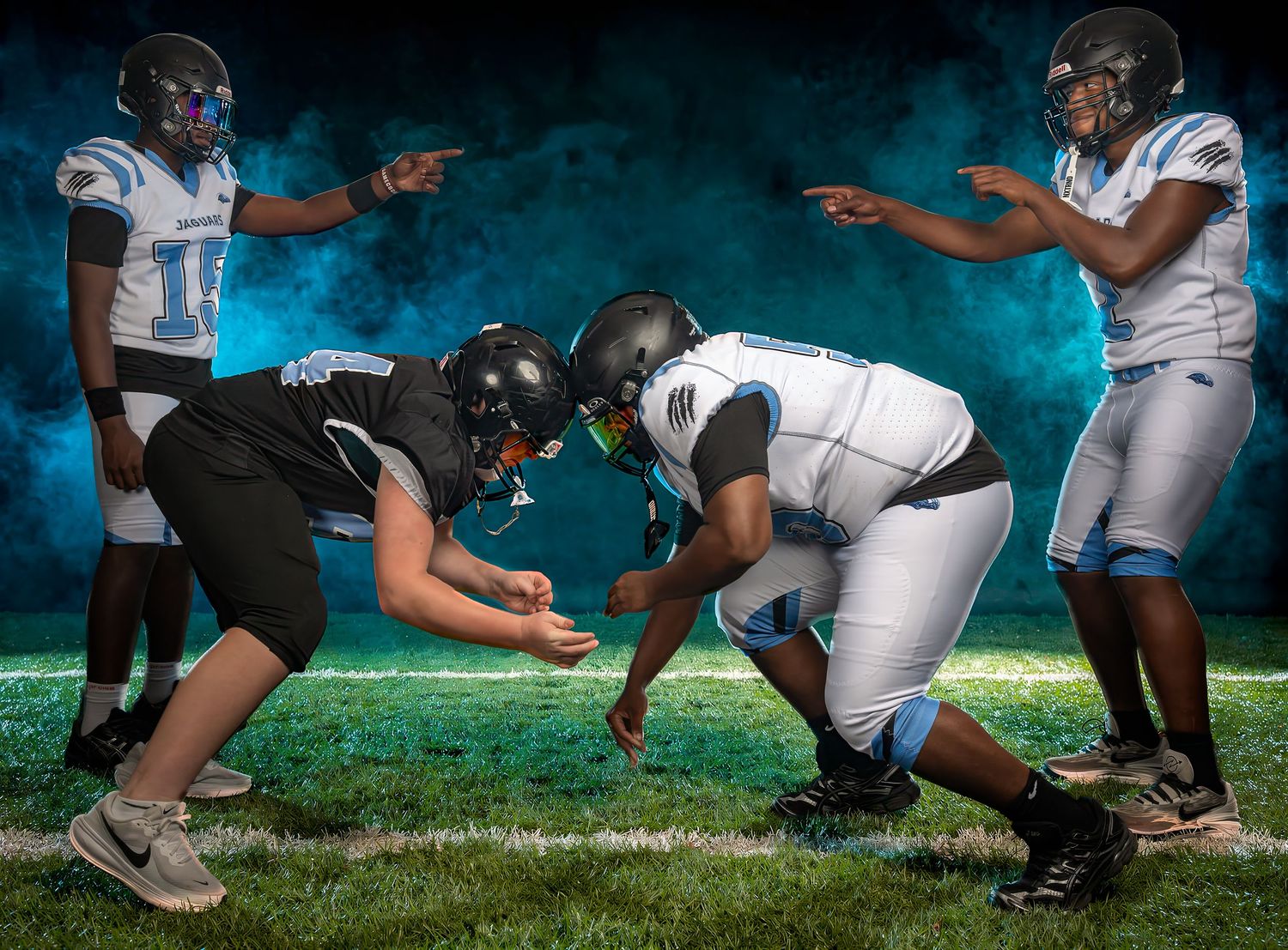 Creative high school football media day action portrait