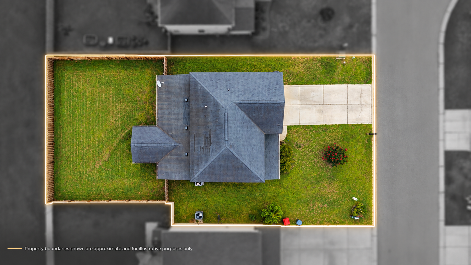 Aerial real estate photo showing approximate property boundaries