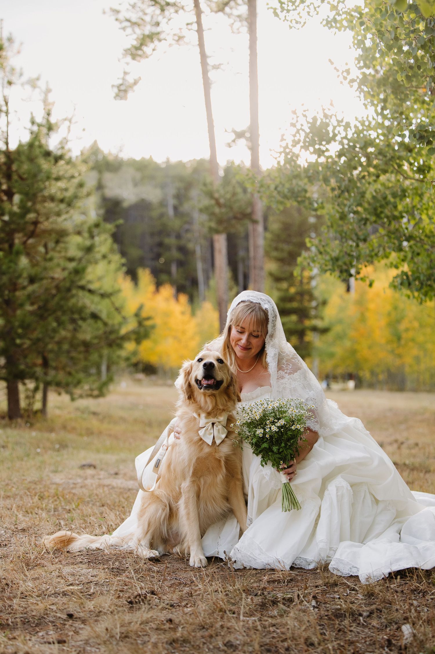 Bride in white gown sits with golden retriever wearing bow tie amid fall foliage holding bouquet. Wyoming wedding.