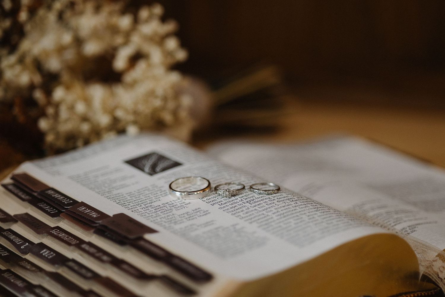 Two wedding rings rest on open Bible pages with dried flowers in soft bokeh background.
