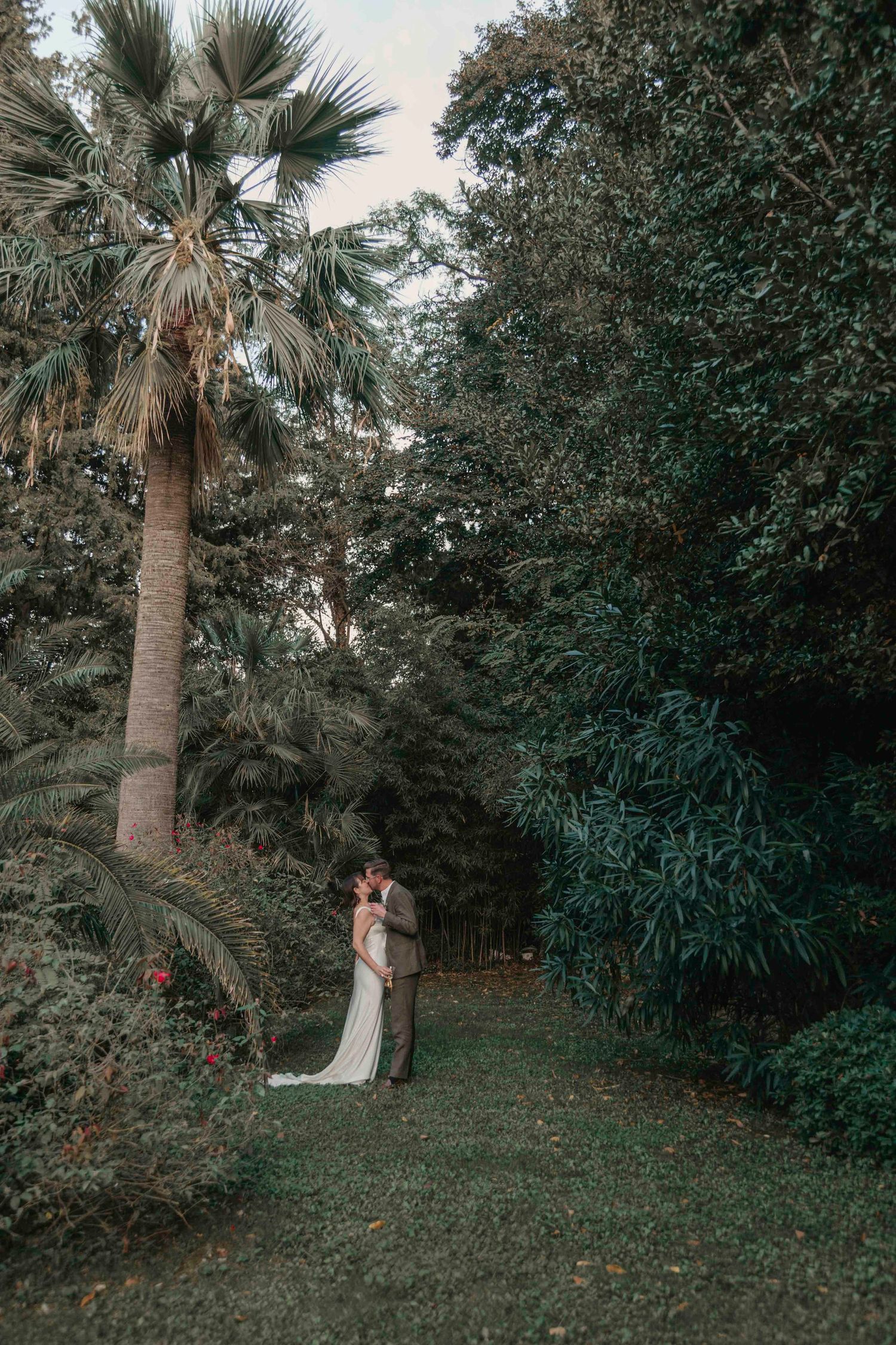 Bride and groom embrace on a grassy garden path beside a tall palm tree and lush green foliage.
