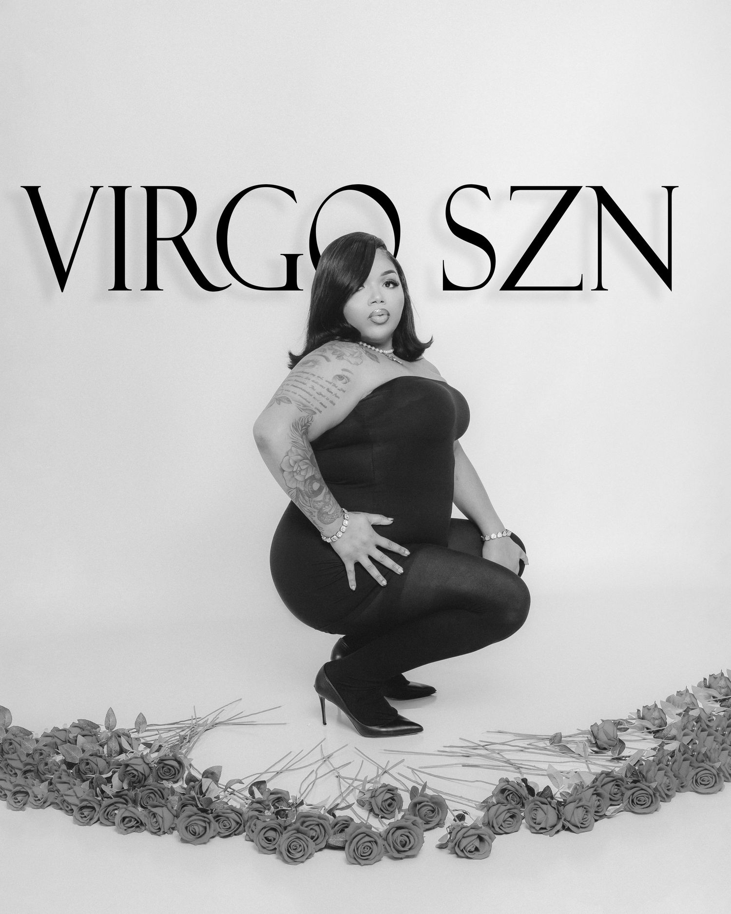 Black and white photo of tattooed woman crouching among roses with Virgo SZN text overlay.