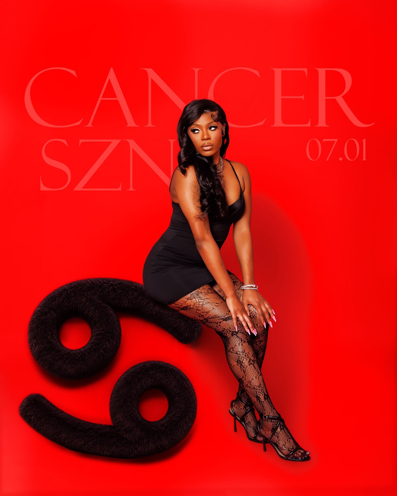 Woman in black mini dress poses against red background with Cancer zodiac symbol, celebrating Cancer SZN on 07.01.