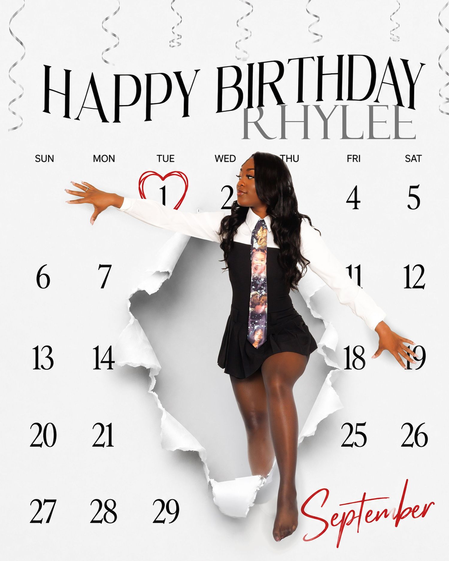 Happy Birthday Rhylee September calendar graphic featuring woman bursting through paper in black outfit.