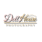 DollHouse Photography elegant cursive logo with gold and pink gradient lettering on white background.