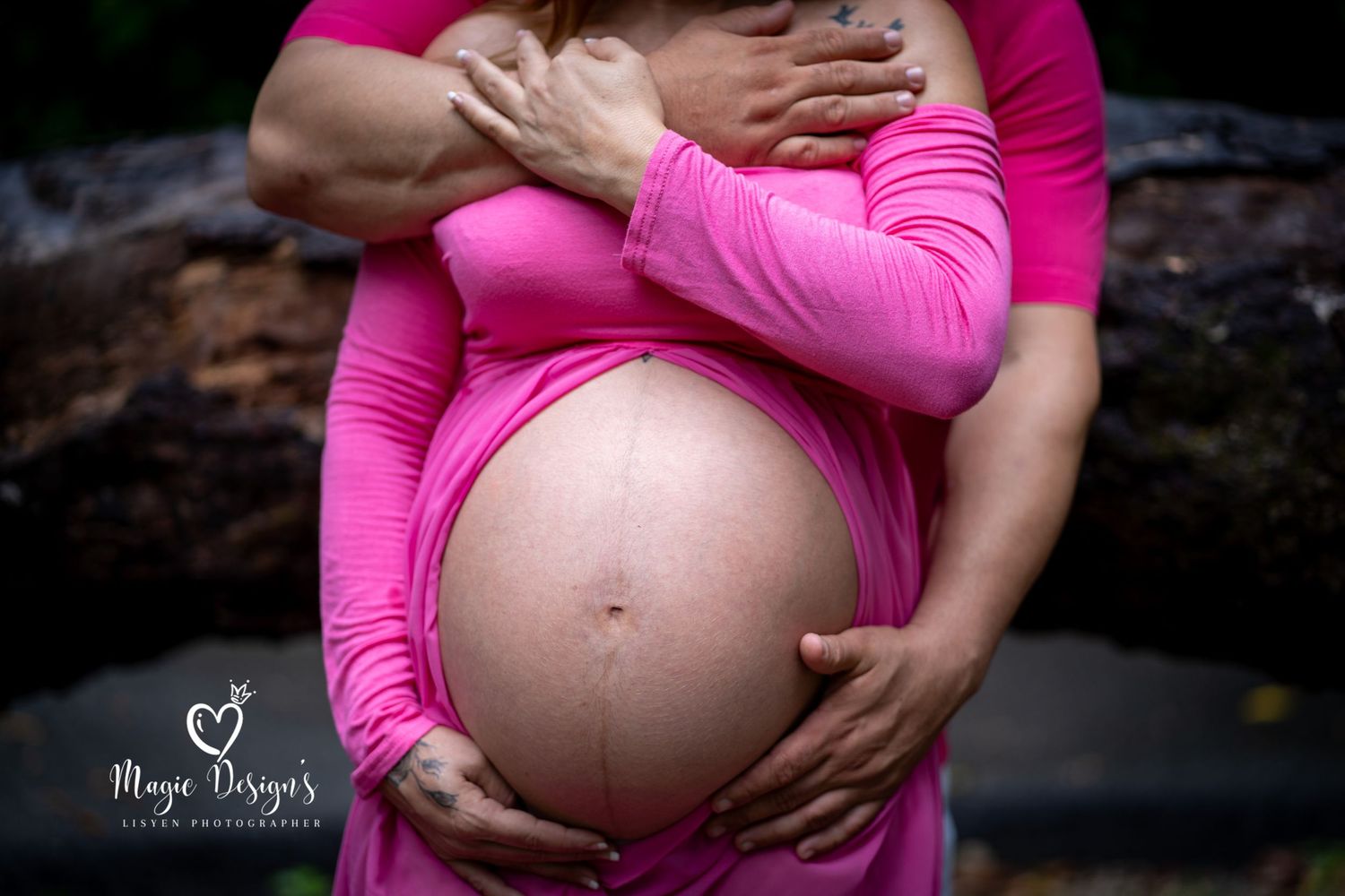 A series of intimate maternity photos showing a pink dress and a baby bump against a dark background.