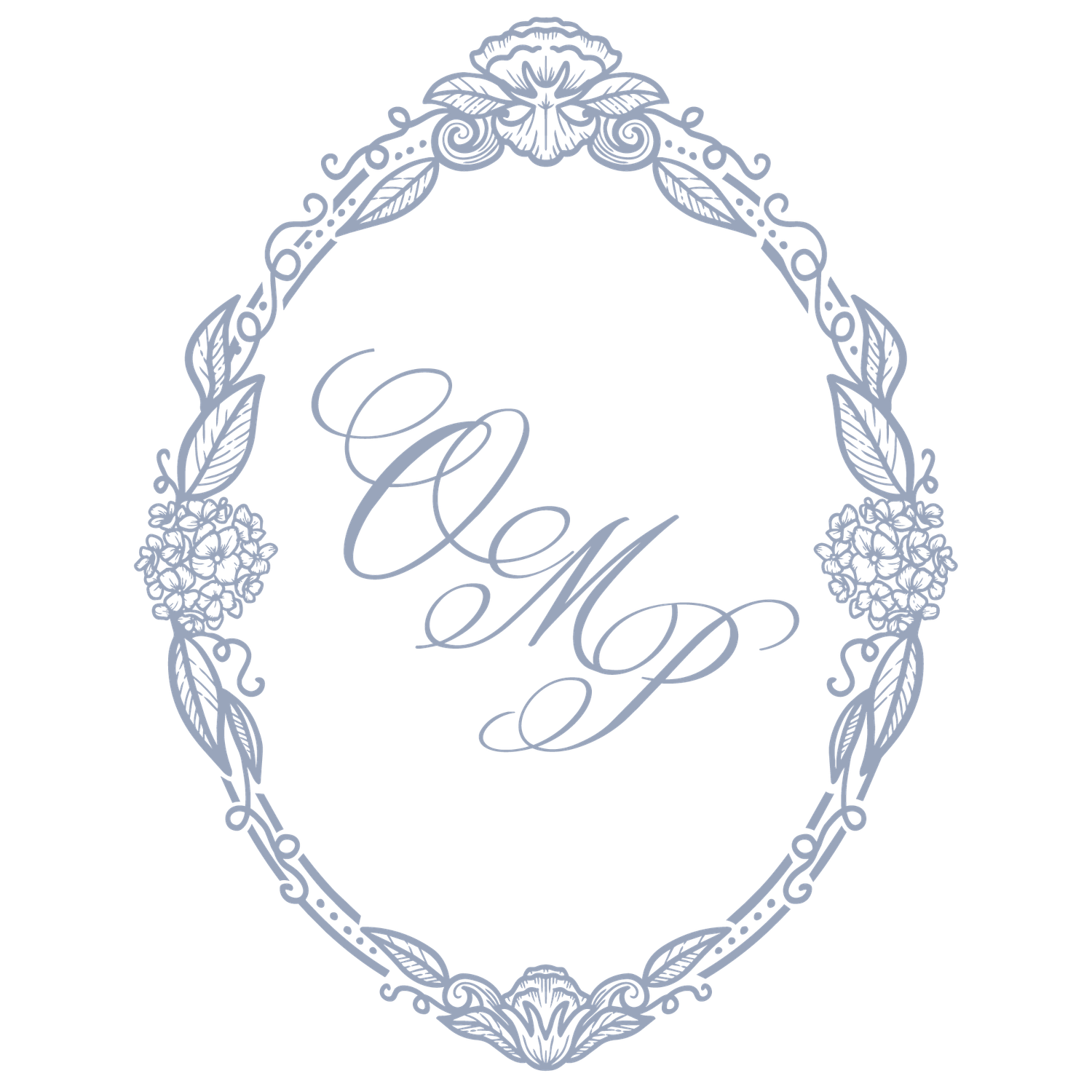 Elegant oval floral frame with ornate blue monogram letters OM in delicate calligraphy script design.