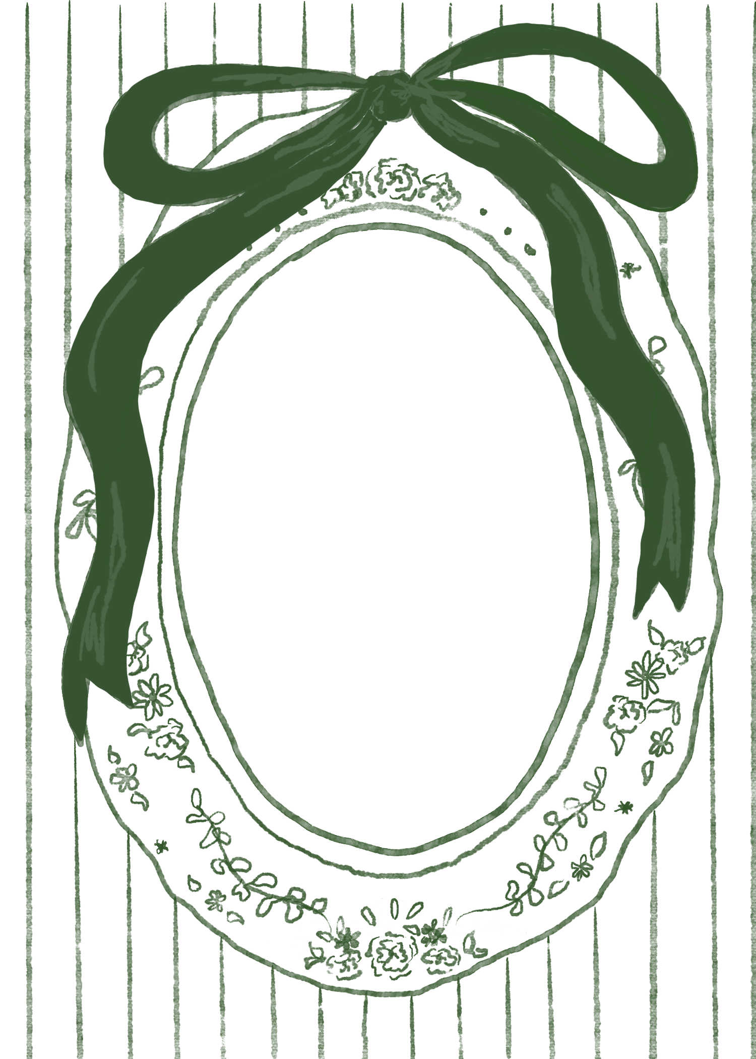 Elegant oval mirror frame with green ribbon bow and floral details on striped background illustration.