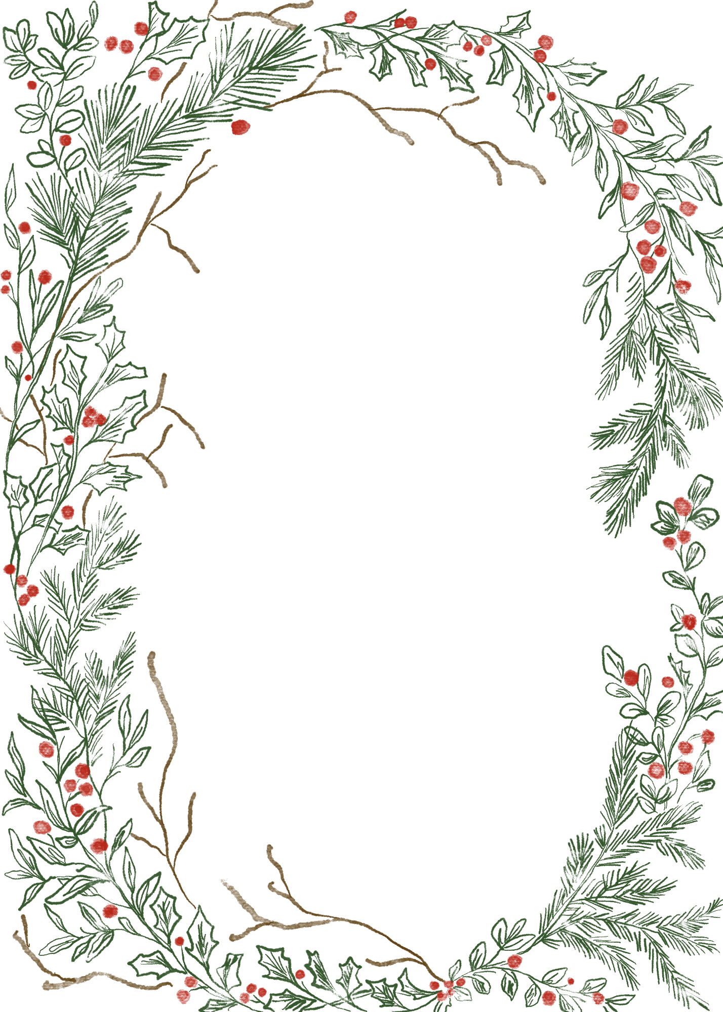 Elegant Christmas border frame with holly berries, pine branches, and twigs on white background.