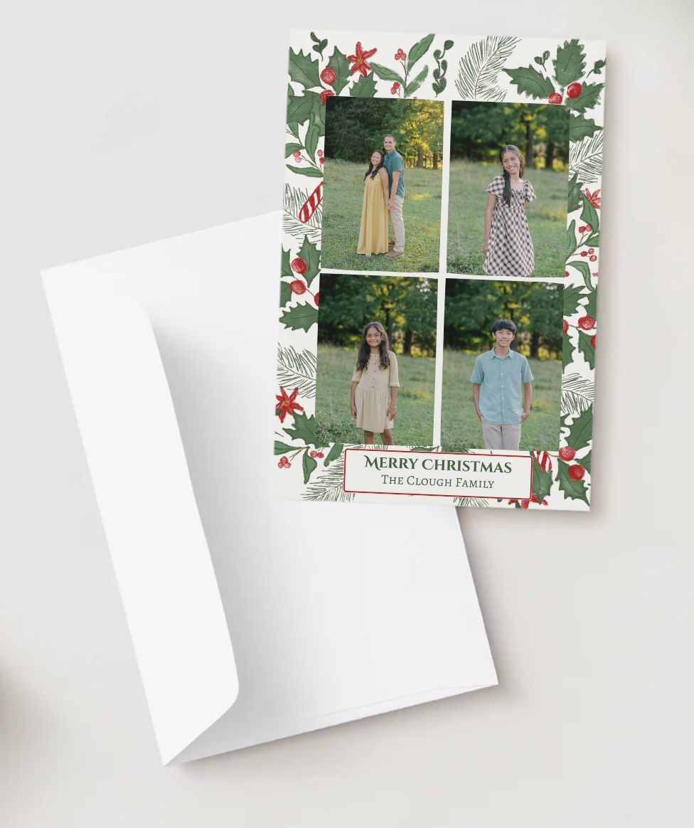 Christmas photo card with holly border featuring four family photos and Merry Christmas greeting with The Cooler Family name.