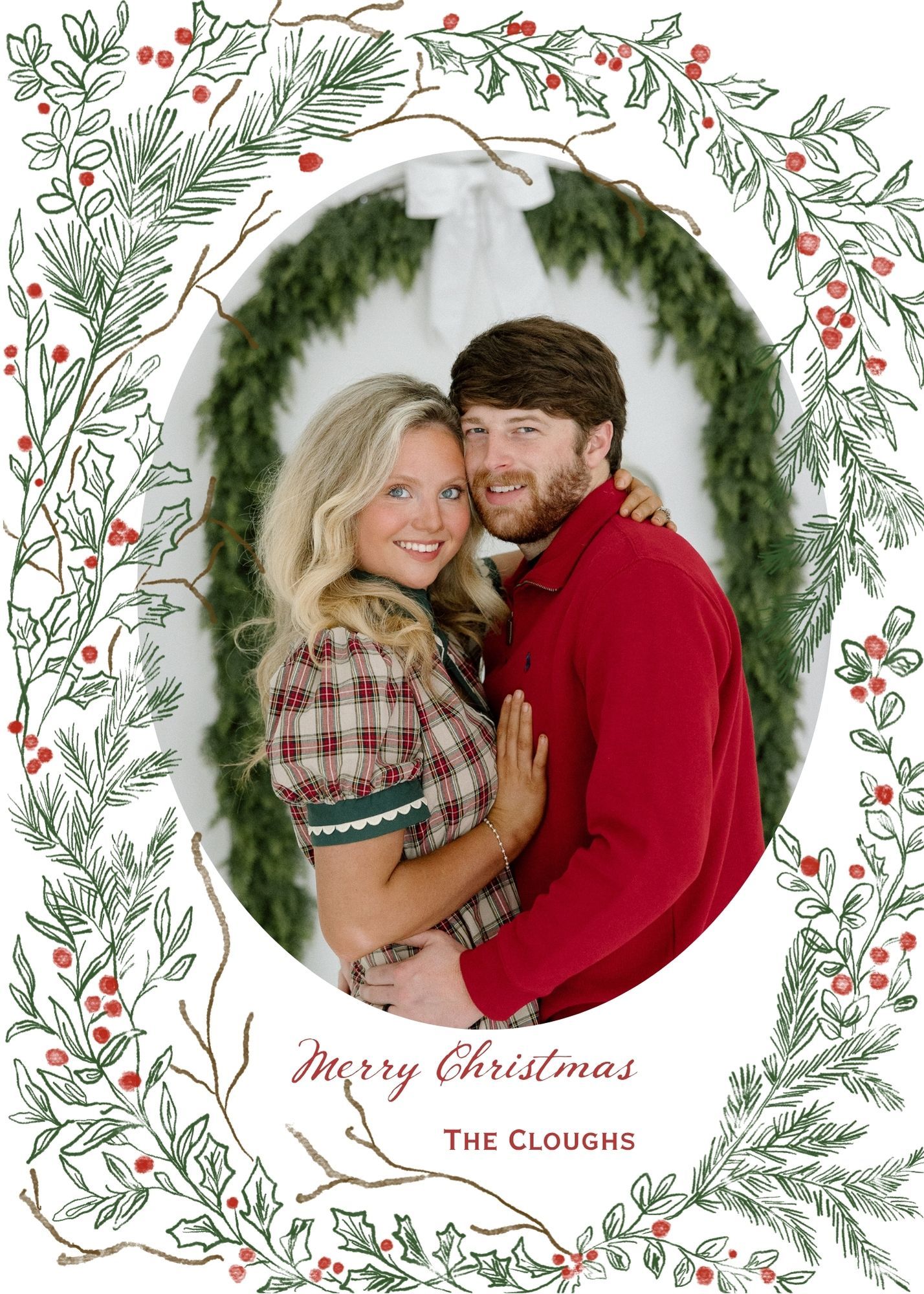 Couple posing for Christmas card with festive wreath, holly border, reading Merry Christmas, The Cloughs.