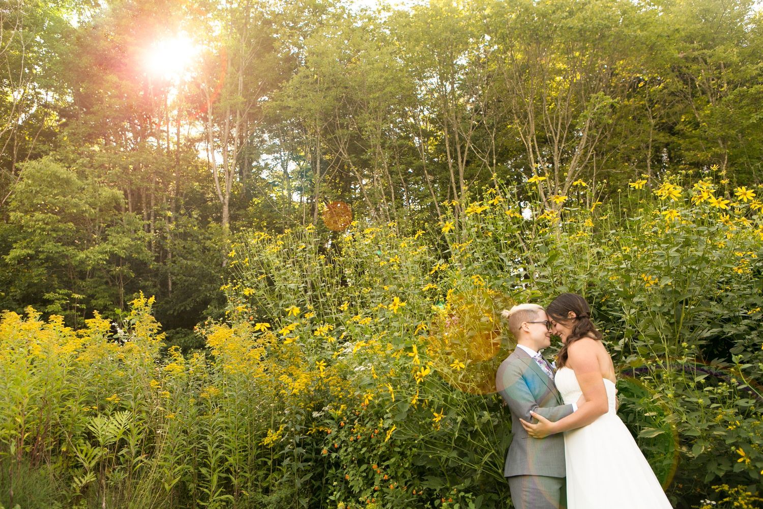 Golden sunlit field with wildflowers creates a romantic backdrop during sunset.