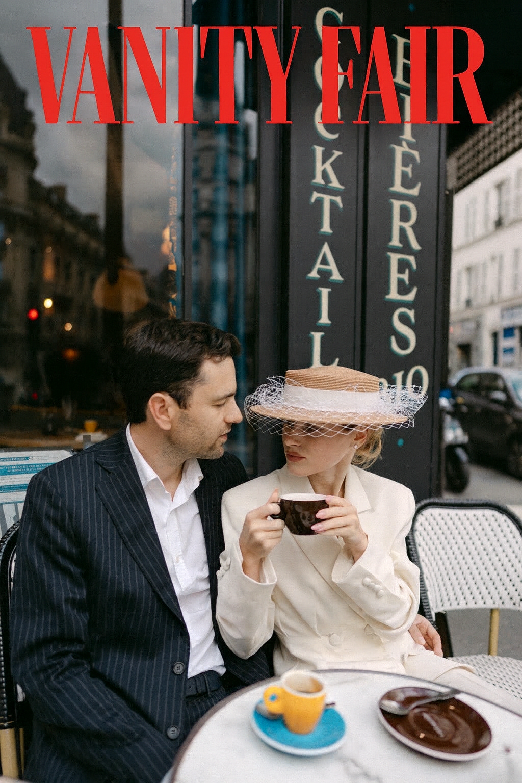 Romantic couple dining at a Parisian cafe with coffee and pastries.