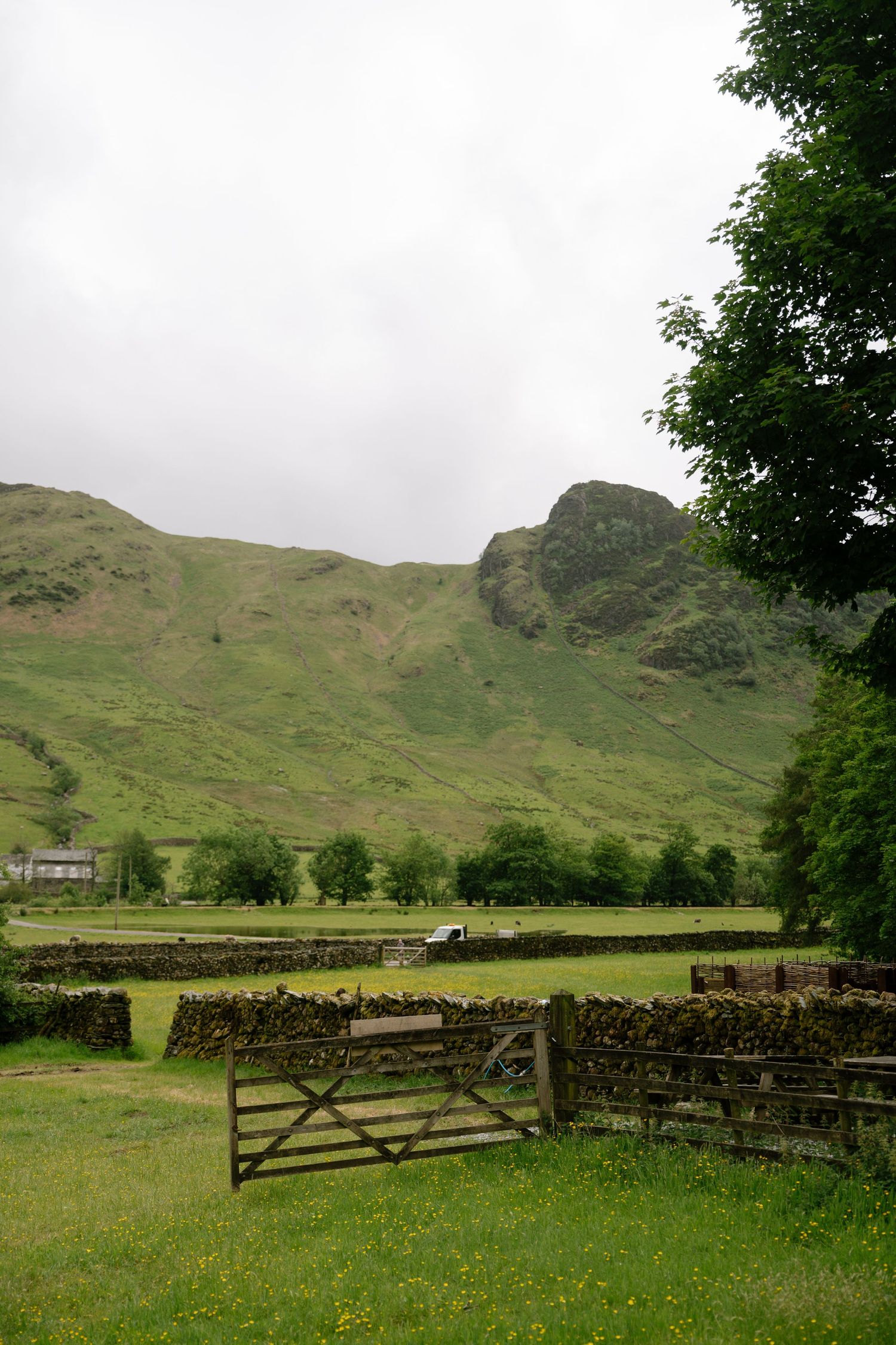 Scenic view of rolling hills with stone walls and wooden gate in rural countryside.