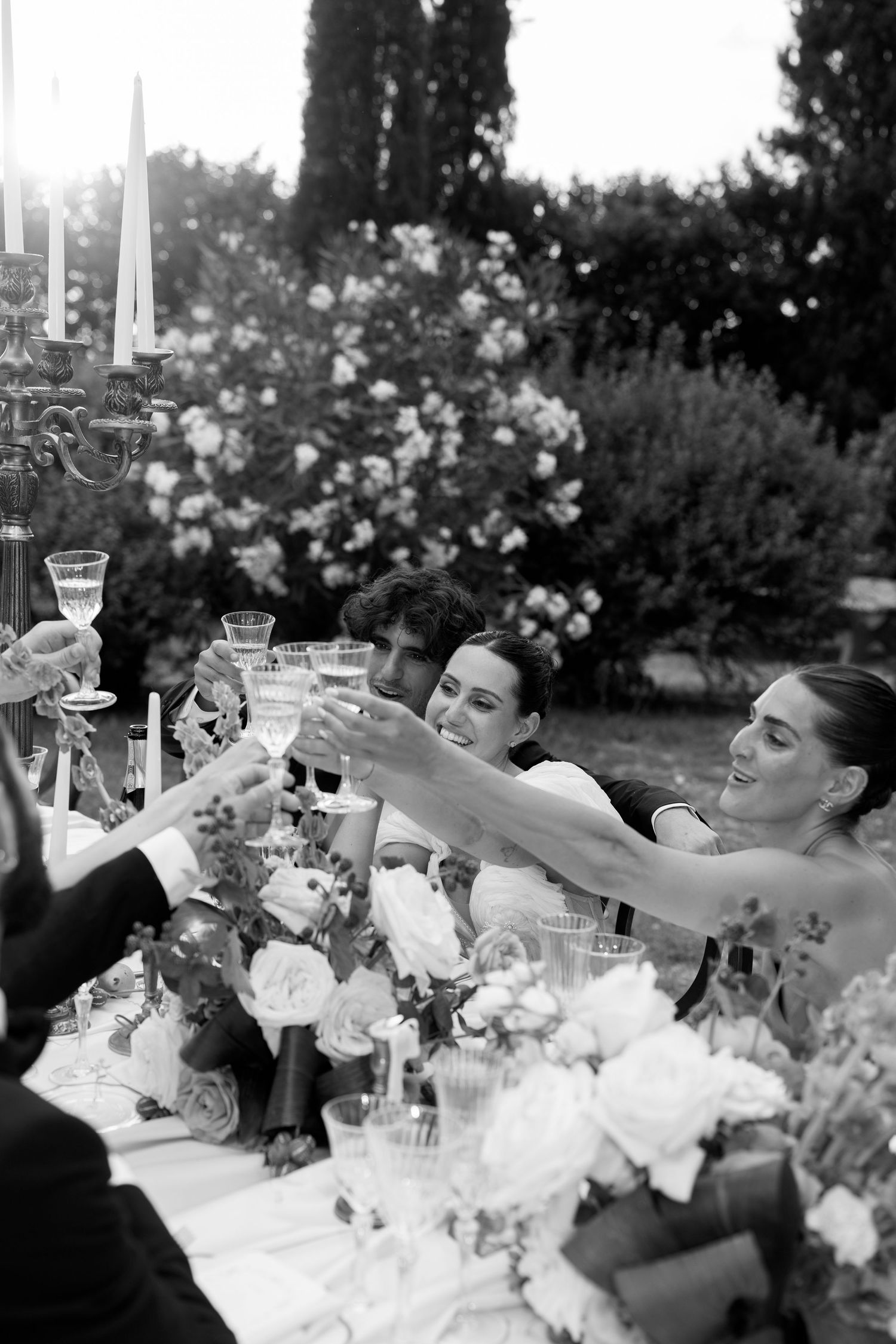 Wedding guests raising glasses in a toast at an elegant outdoor reception.