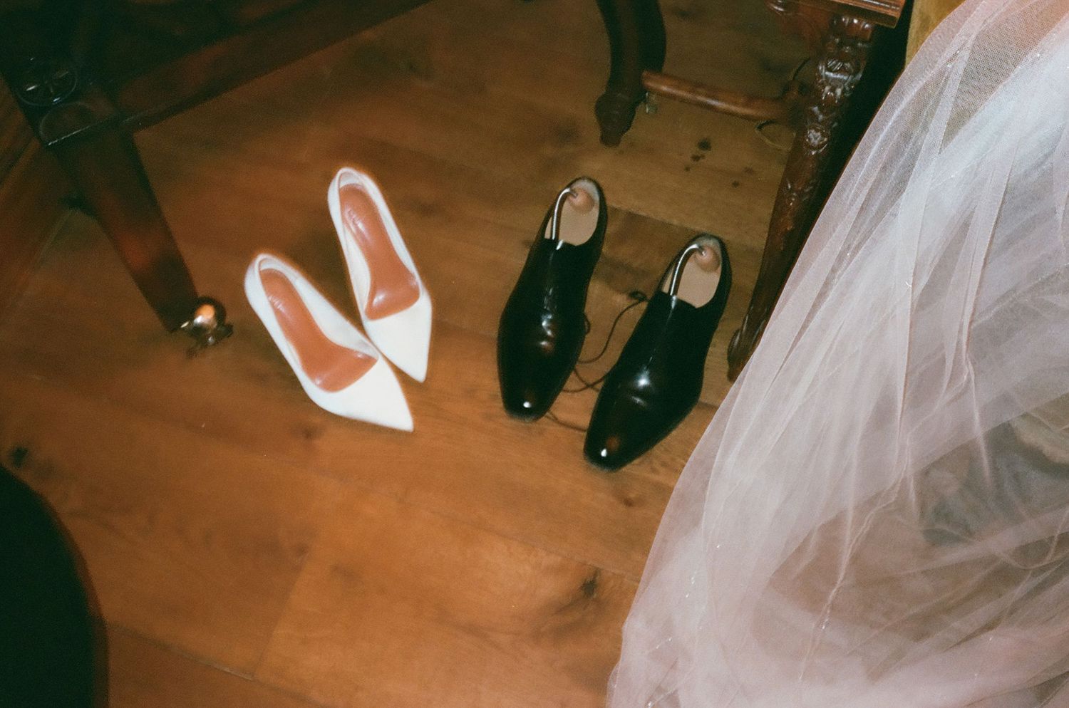 A sequence of wedding preparation photos showing shoes, dress details, and veil arrangements on wooden flooring.