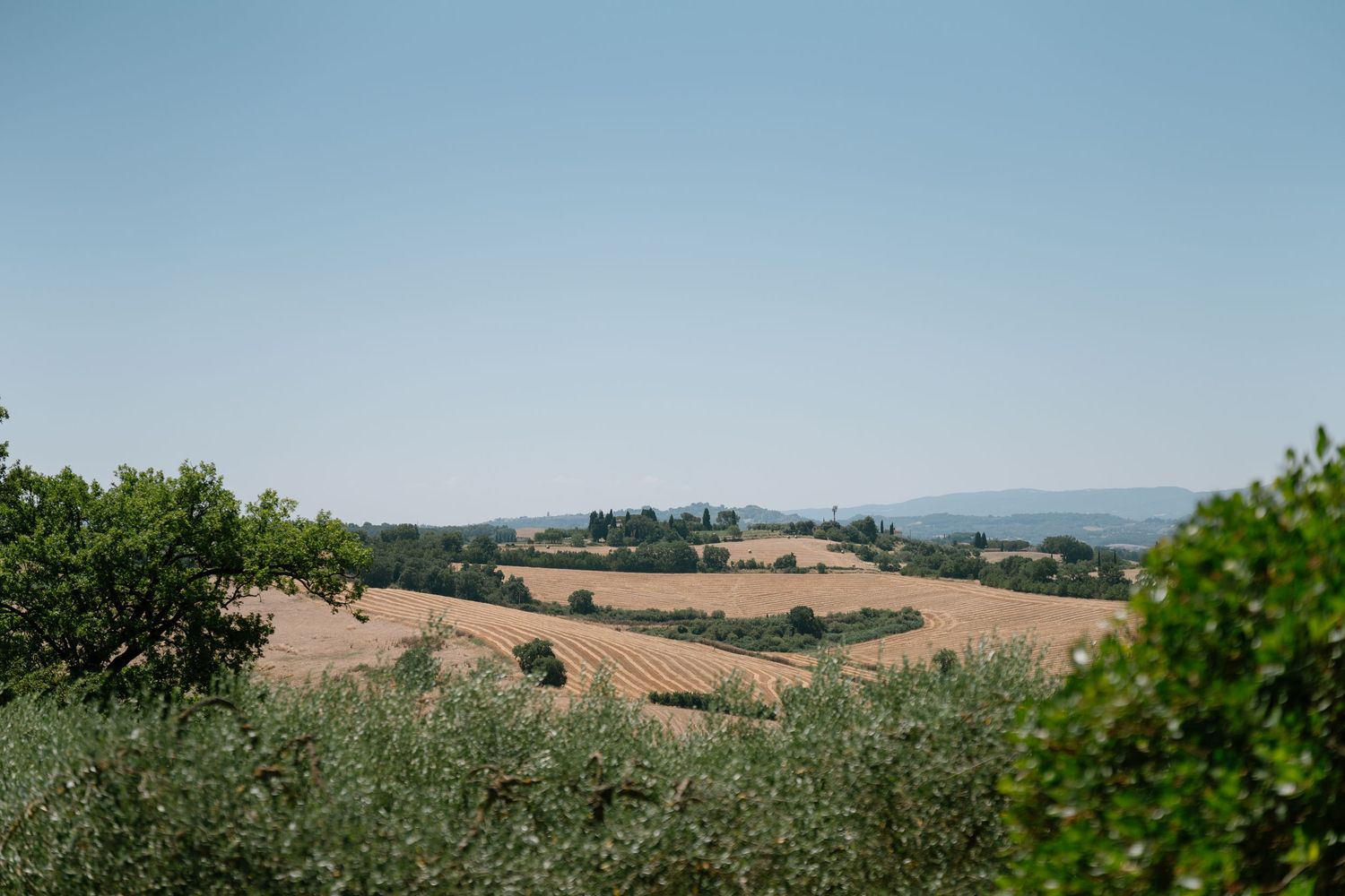 Panoramic landscape view of rolling hills and countryside under clear blue skies.