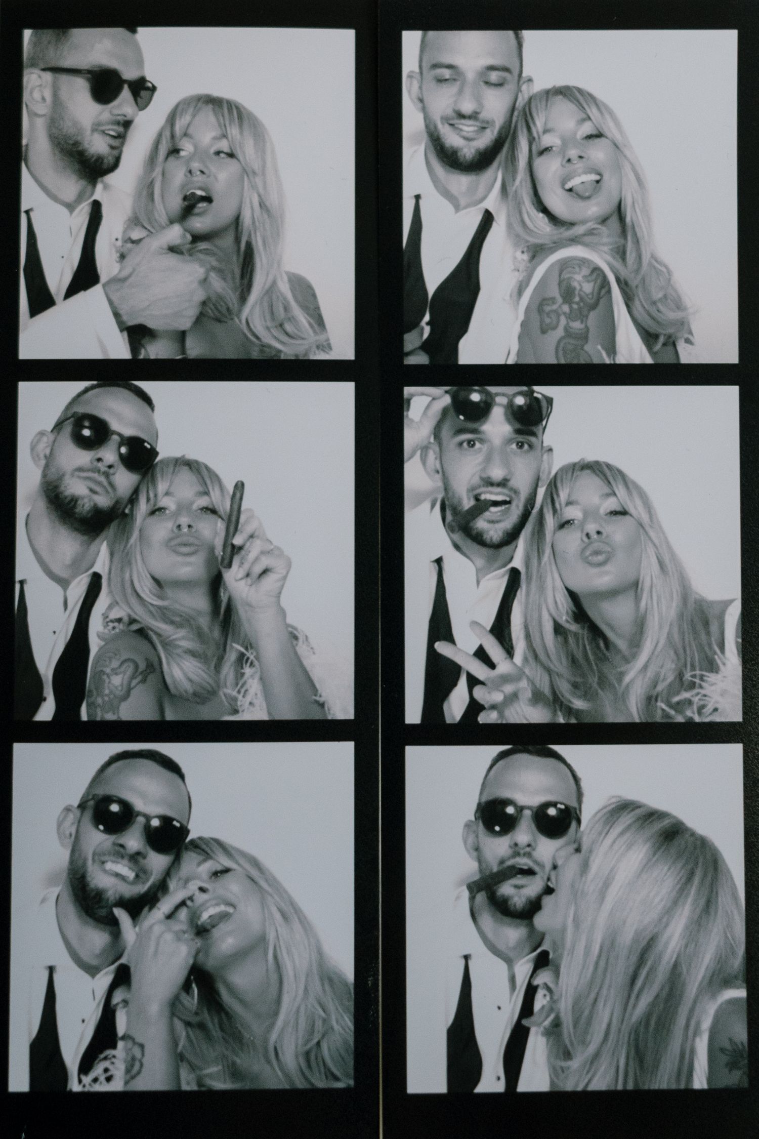 Black and white photo booth strip showing playful poses of a couple at a celebration.