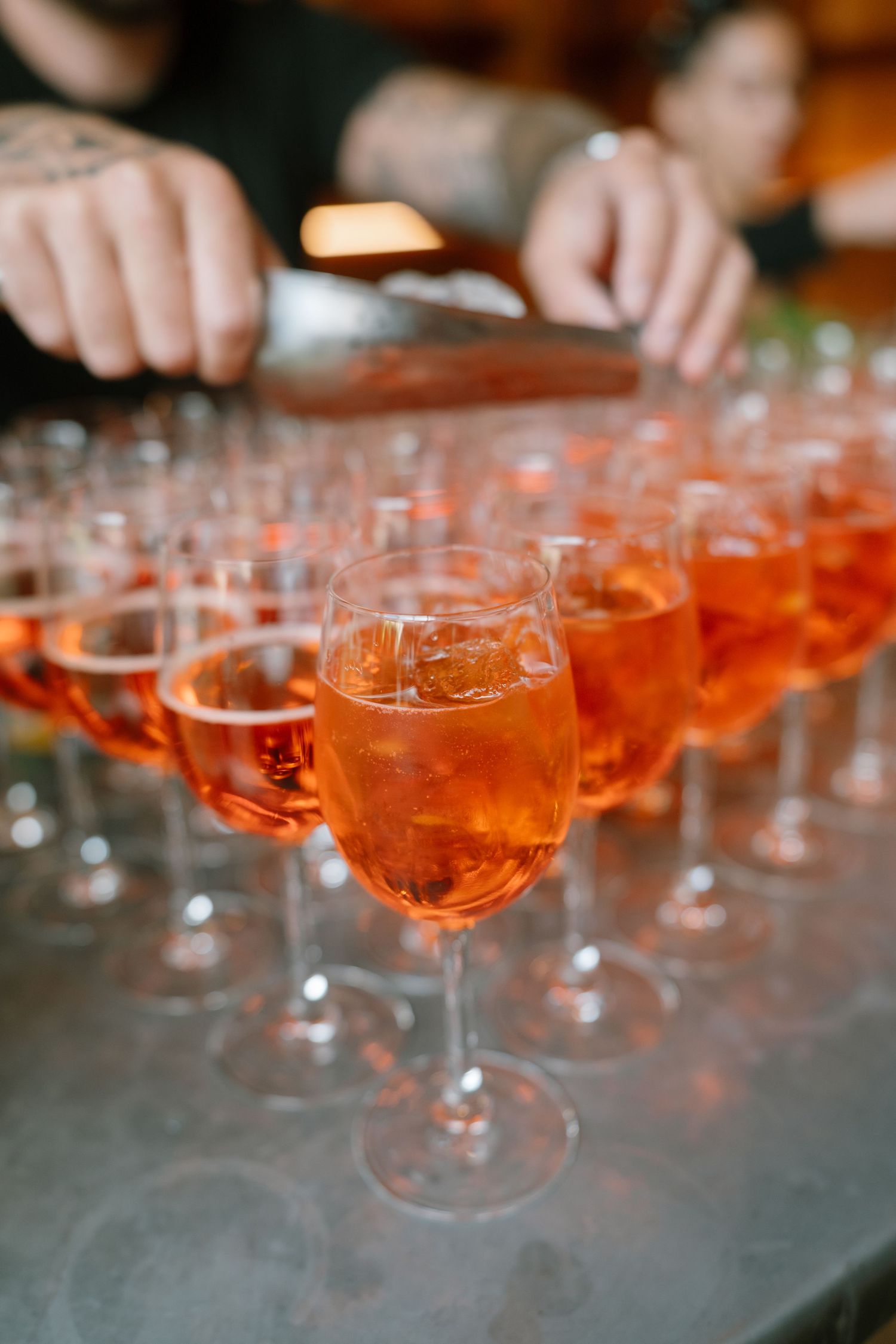 Multiple coupe glasses filled with orange-colored cocktails lined up on a gray surface.