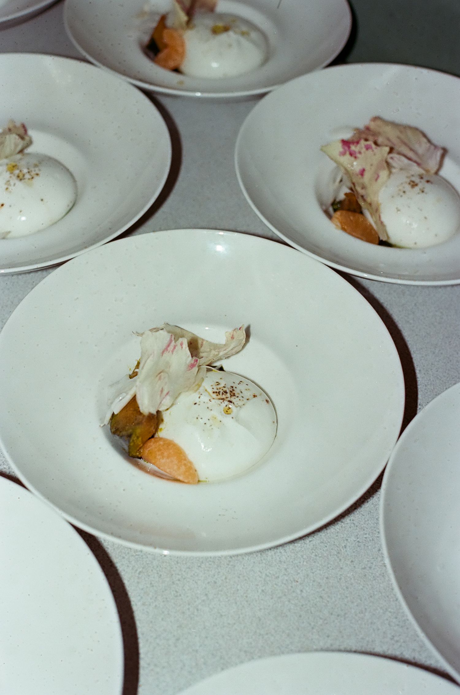 Multiple white plates arranged in a row with small portions of food and garnish on each.
