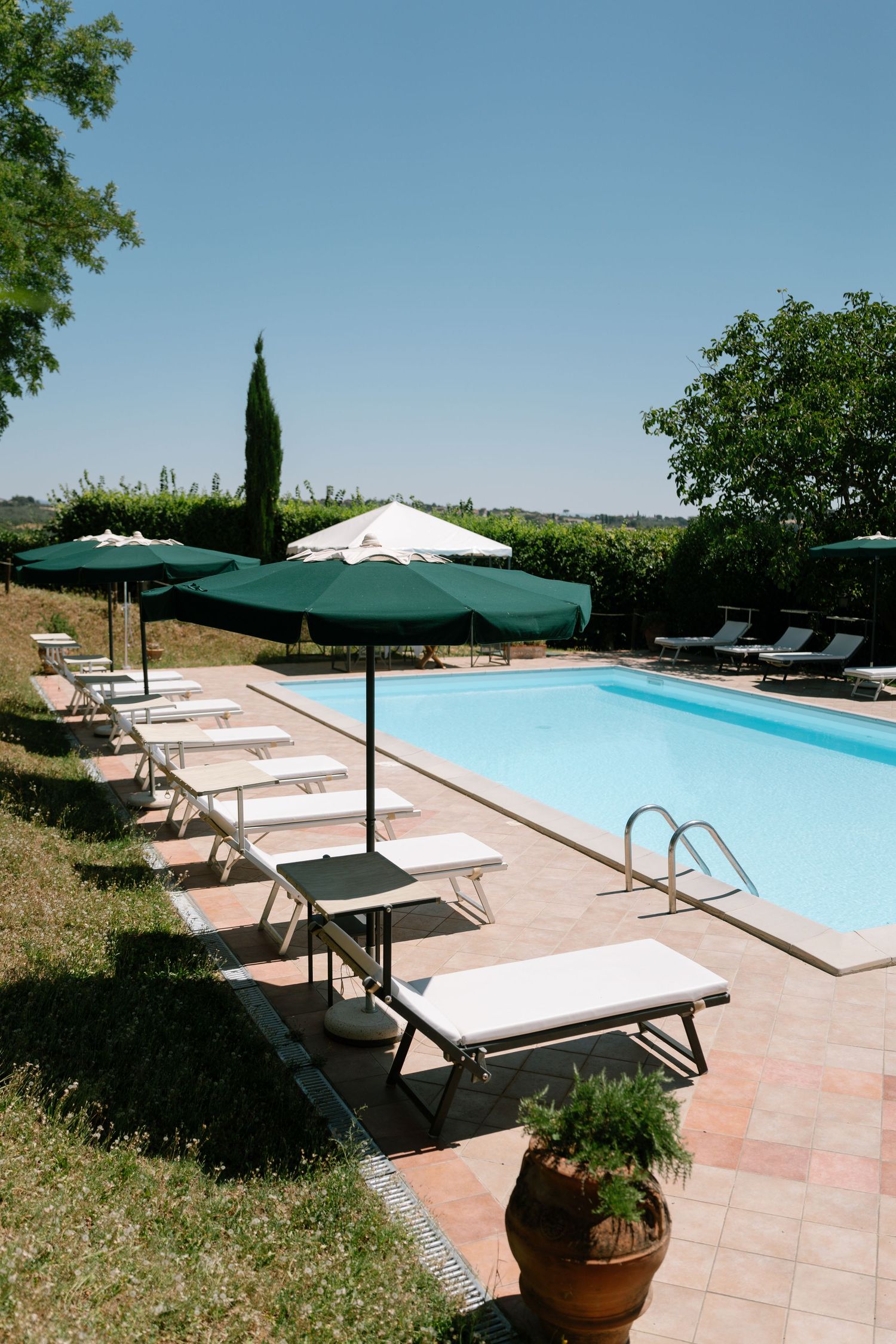Luxury swimming pool with sun loungers and green umbrellas on a terracotta tiled patio surrounded by cypress trees.