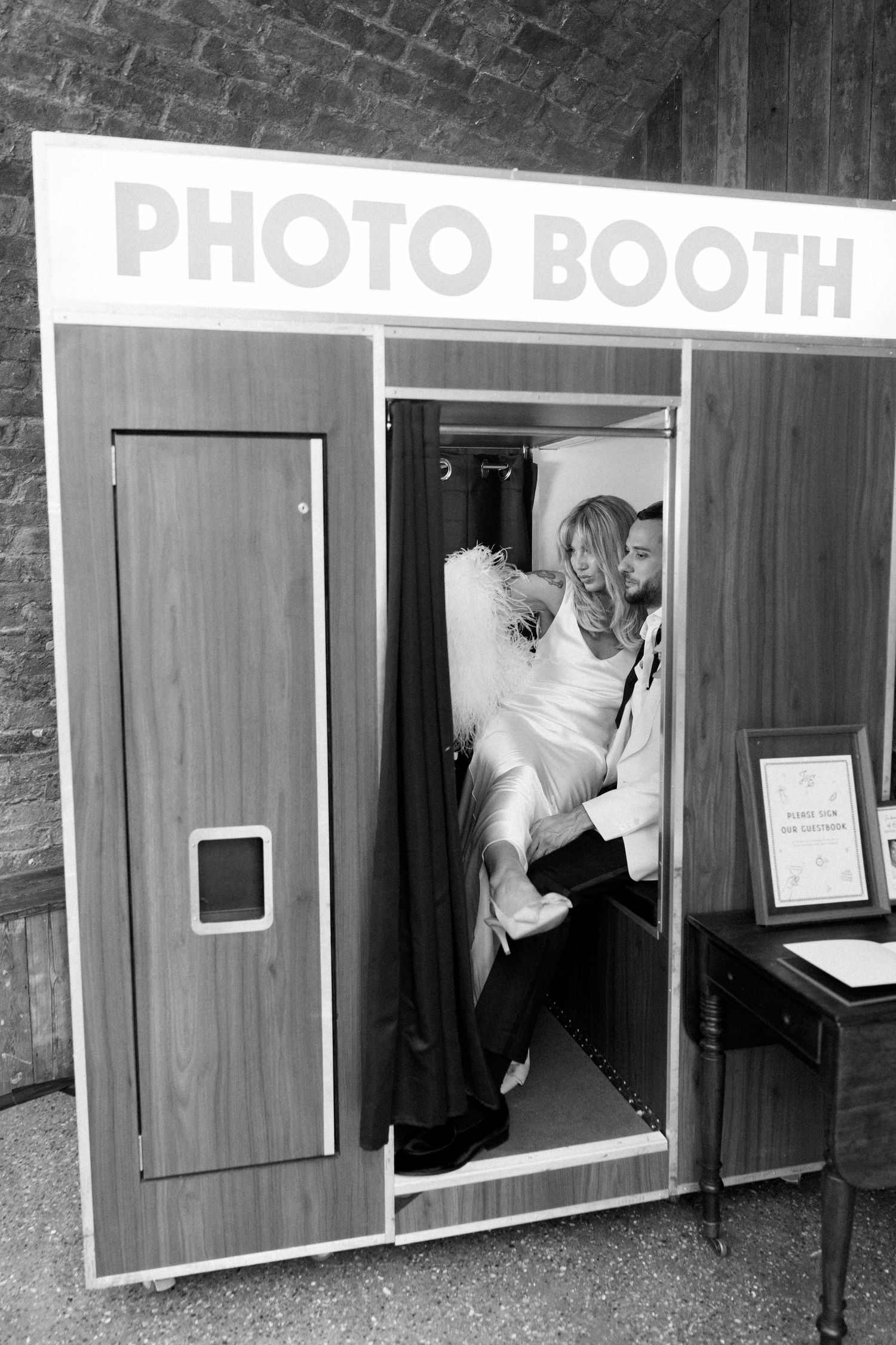 Series of photo booth snapshots showing guests having fun and posing at a wedding reception.