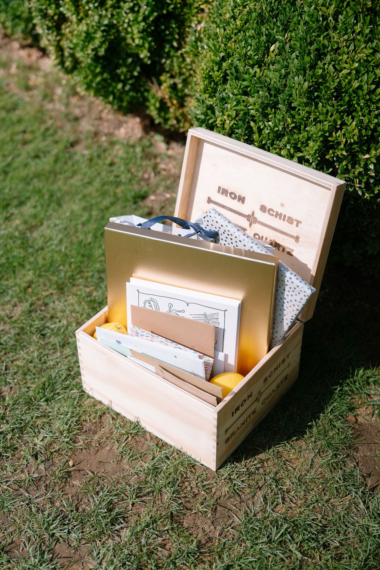 Wooden box containing wedding cards and mementos sits on grass.