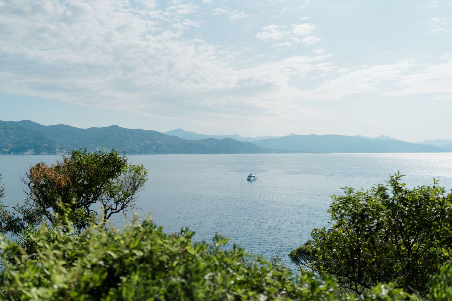 Serene coastal view with lush greenery, calm blue sea, mountains and a distant boat.