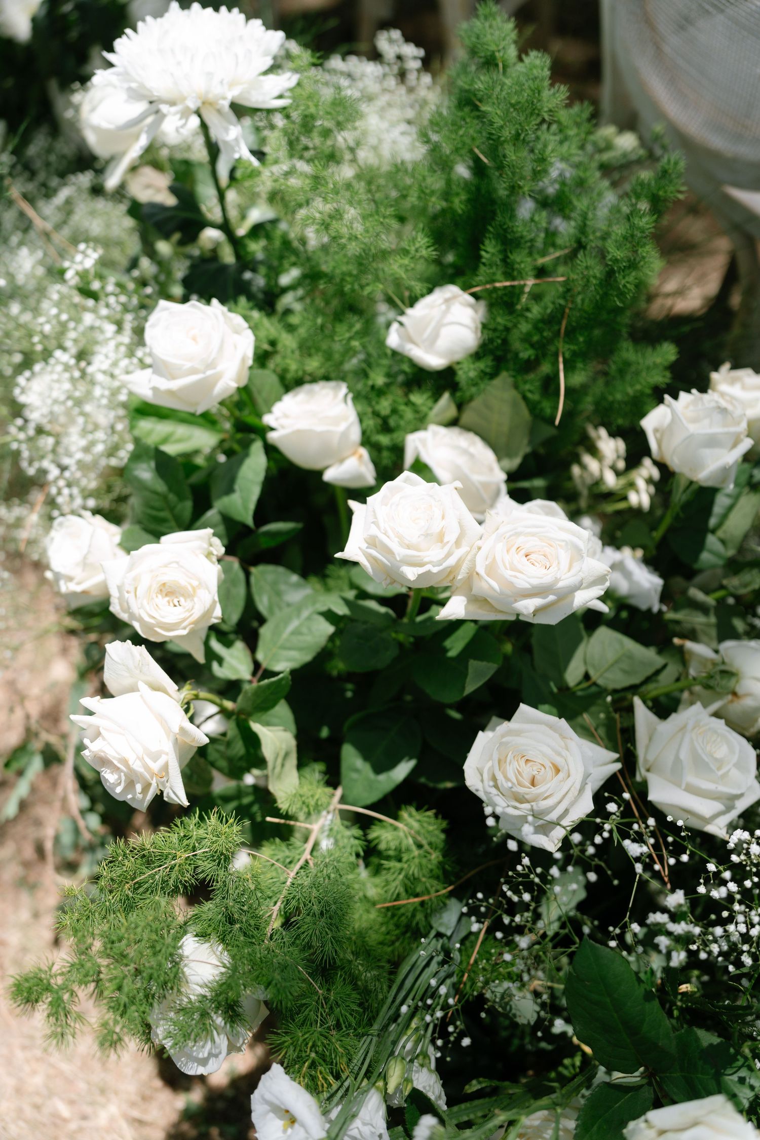 White roses and delicate baby's breath arranged with fresh greenery in an elegant floral display.