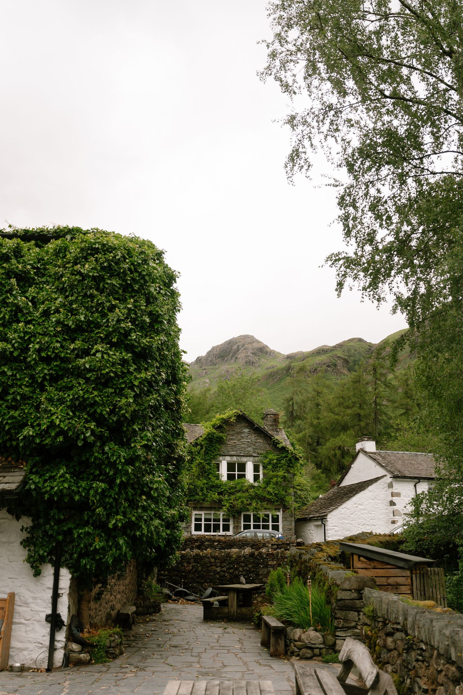 Charming stone cottage nestled in the hills with lush greenery and mountain views in the background.