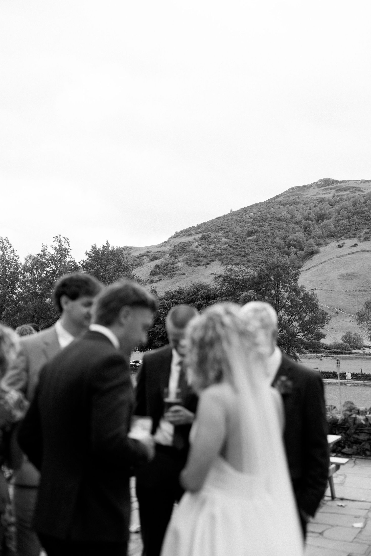 Wedding celebration outdoors with mountains and greenery in the background.