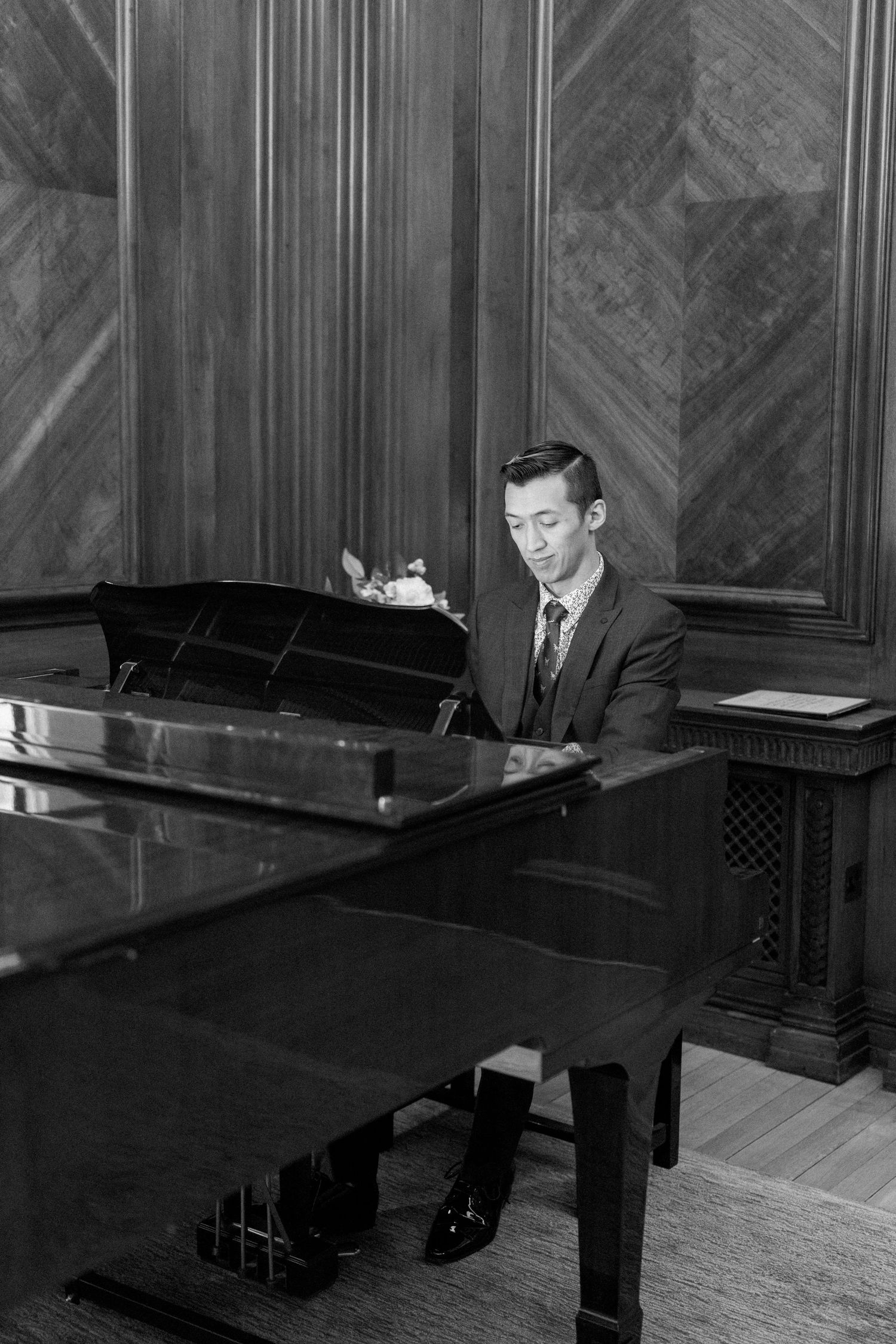 Black and white photo series of a pianist performing at a grand piano in an elegant room.