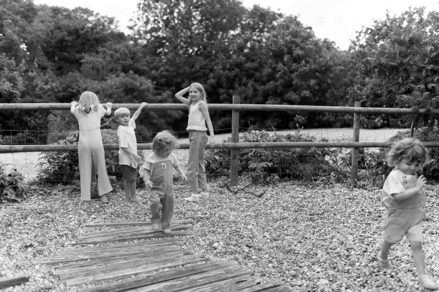 Children play together in a line on a grassy field on a sunny day.