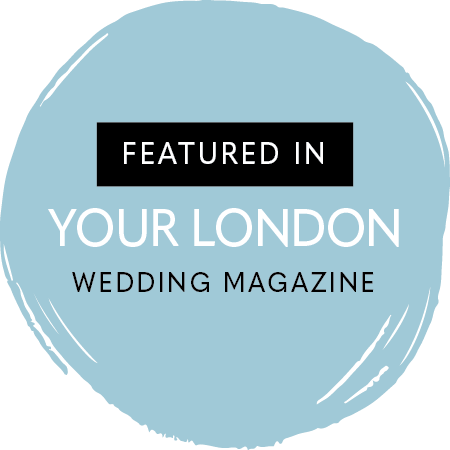 Blue circular badges with text 'Featured In Wedding Magazine' and 'Your London'.