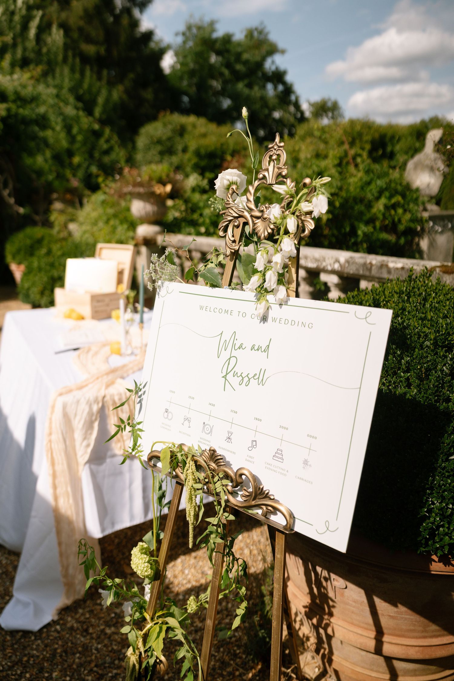Wedding signage displayed on an easel with delicate floral decorations in a garden setting.