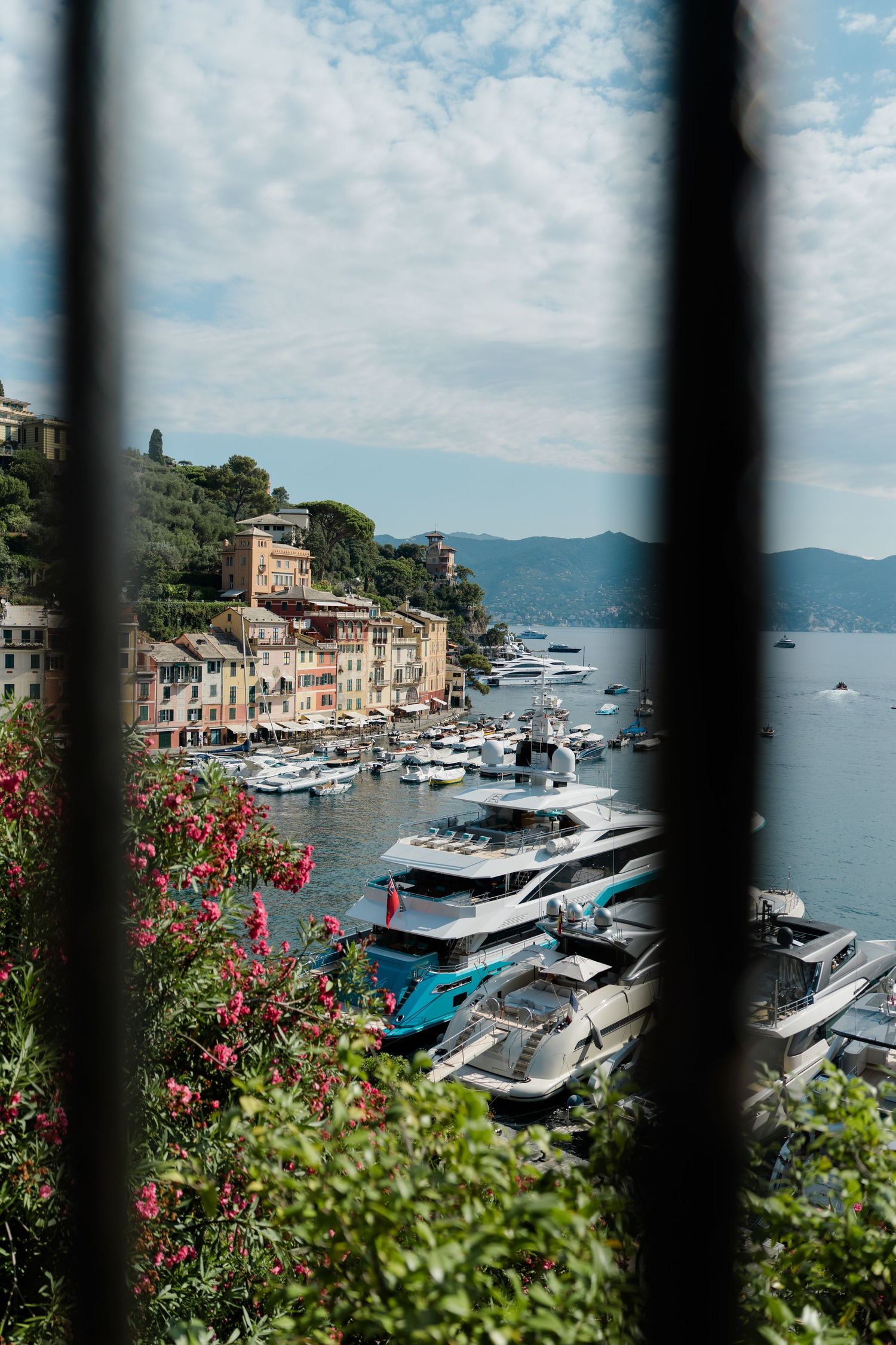 Luxury yachts moored in Portofino harbor viewed through iron railings with colorful Italian buildings.