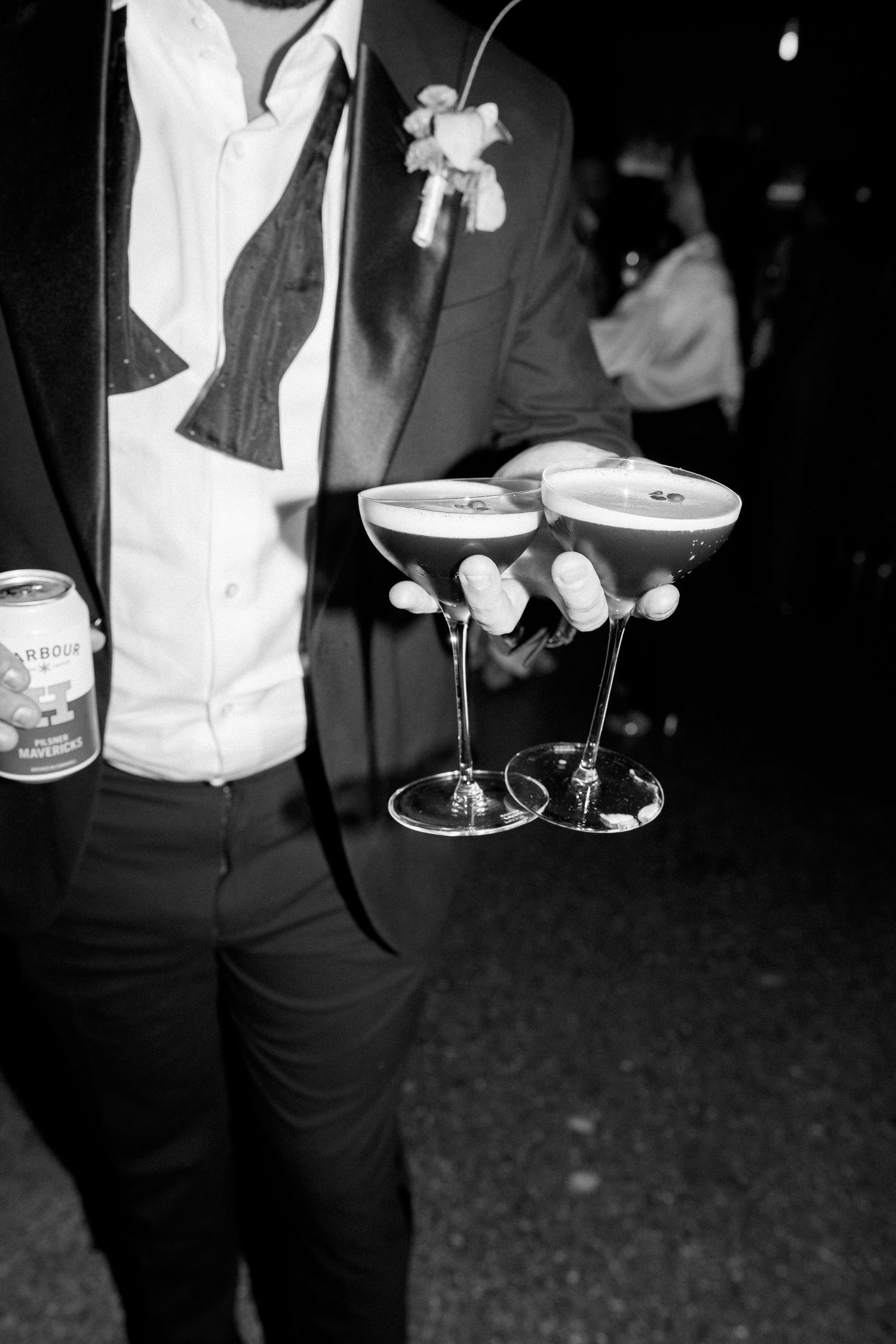 Black and white photos of people holding champagne glasses at formal event.