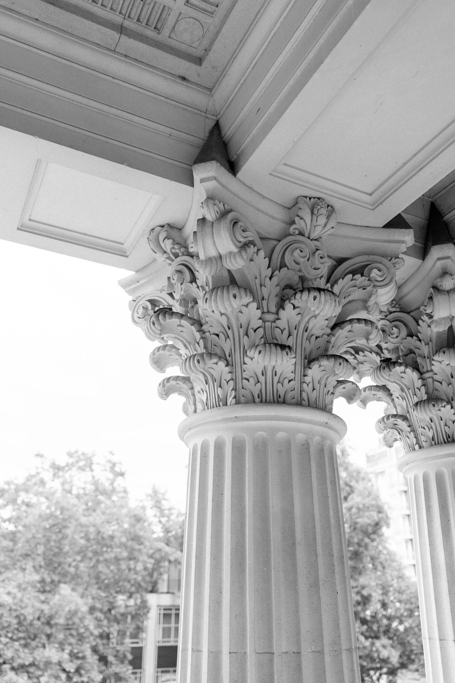 Detailed architectural photo series of ornate Corinthian column capitals in classical style.