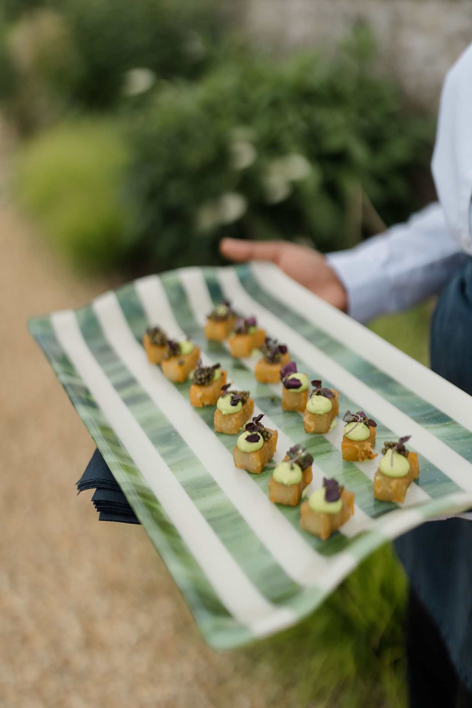 A server presents elegant bite-sized canapes on a green and white striped rectangular platter outdoors.