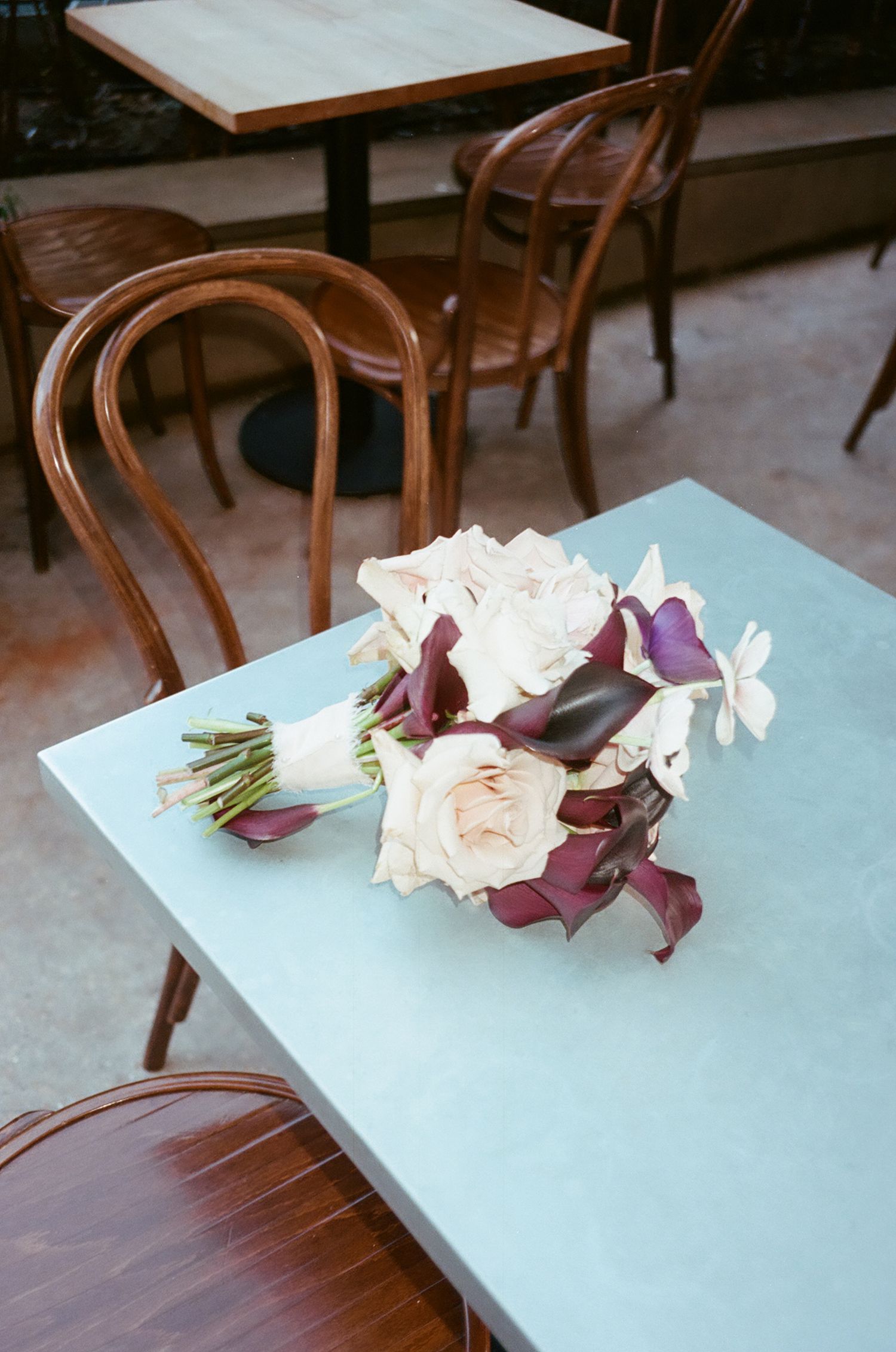 A sequence of images showing white and burgundy calla lilies laying on a light blue surface next to wooden chairs.